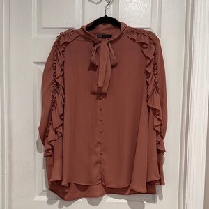 Zara Dusty Rose Ruffle Tie-Neck Blouse